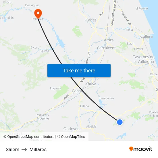 Salem to Millares map