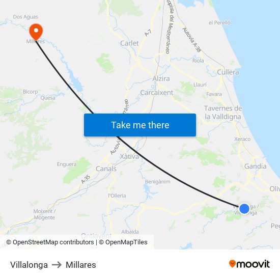 Villalonga to Millares map