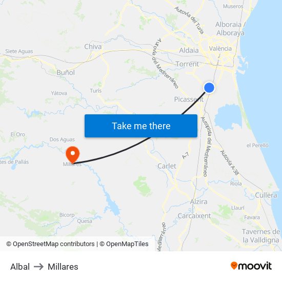 Albal to Millares map