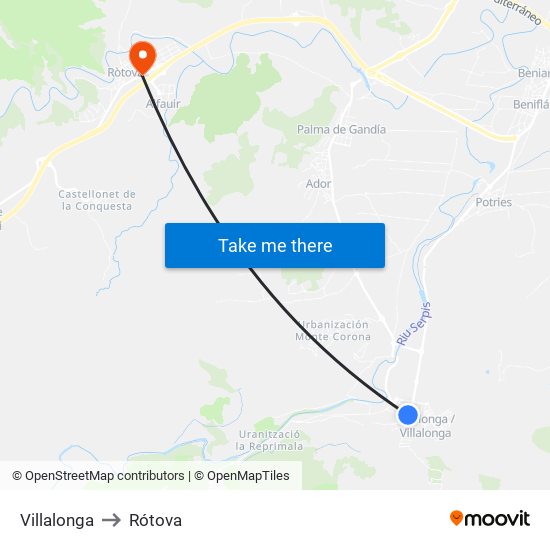 Villalonga to Rótova map
