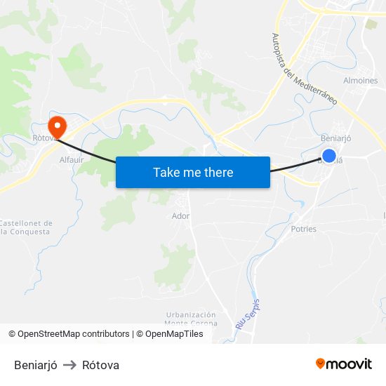 Beniarjó to Rótova map