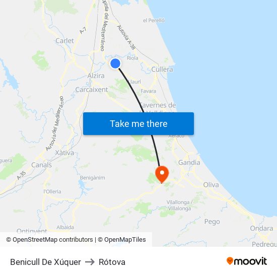 Benicull De Xúquer to Rótova map