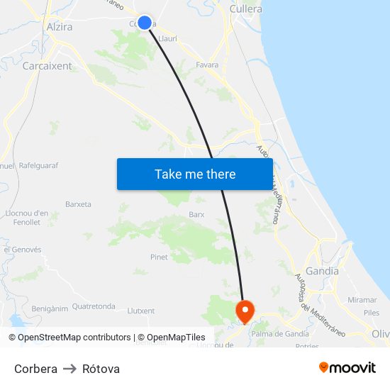 Corbera to Rótova map