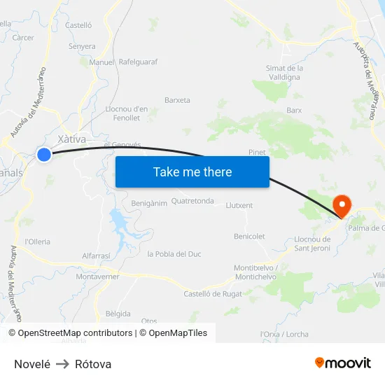 Novelé to Rótova map