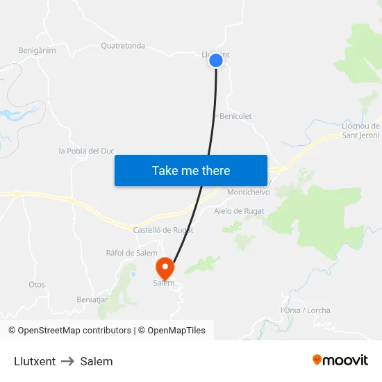 Llutxent to Salem map