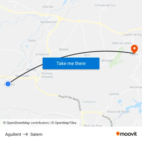 Agullent to Salem map