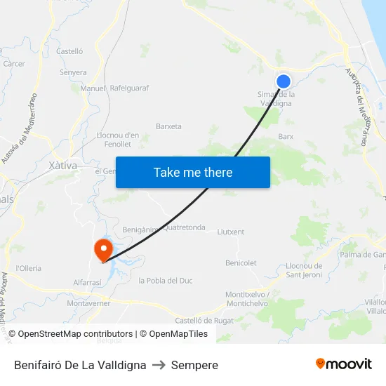 Benifairó De La Valldigna to Sempere map