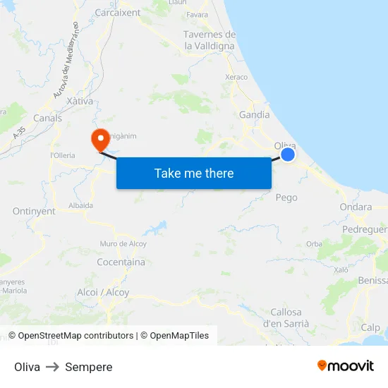 Oliva to Sempere map
