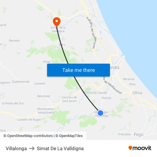 Villalonga to Simat De La Valldigna map