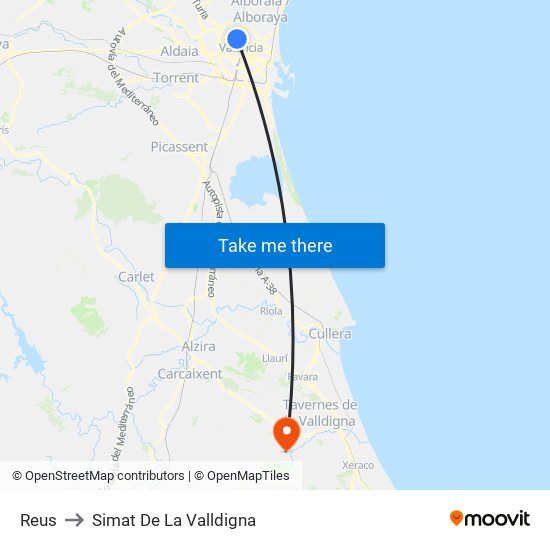 Reus to Simat De La Valldigna map
