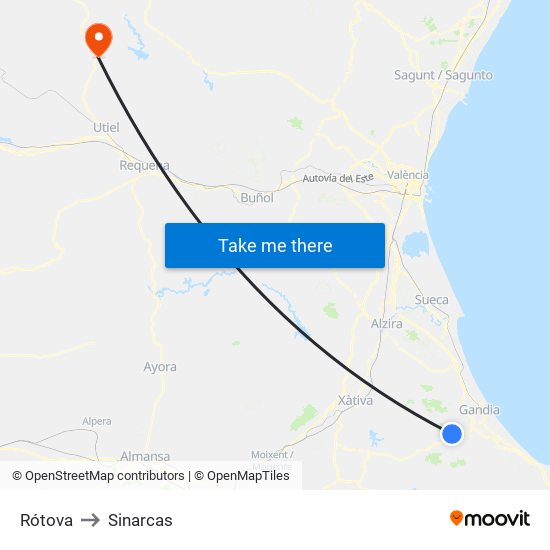 Rótova to Sinarcas map