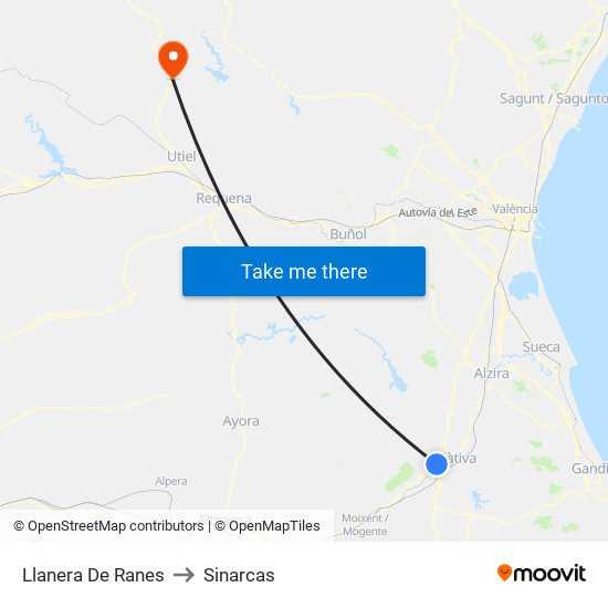 Llanera De Ranes to Sinarcas map