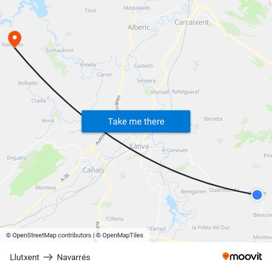 Llutxent to Navarrés map