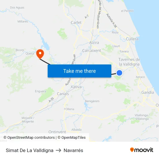 Simat De La Valldigna to Navarrés map