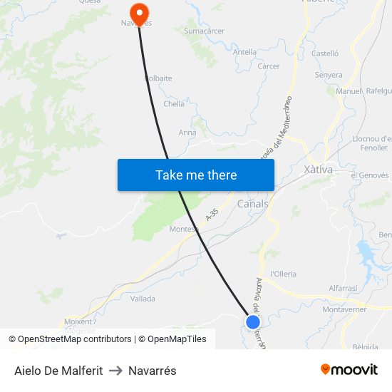 Aielo De Malferit to Navarrés map
