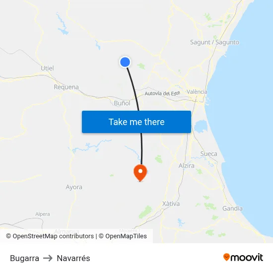 Bugarra to Navarrés map
