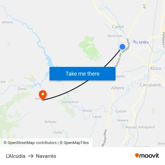 L'Alcúdia to Navarrés map