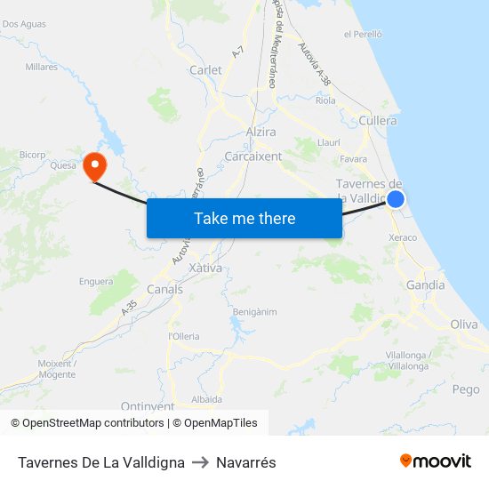 Tavernes De La Valldigna to Navarrés map