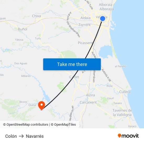 Colón to Navarrés map