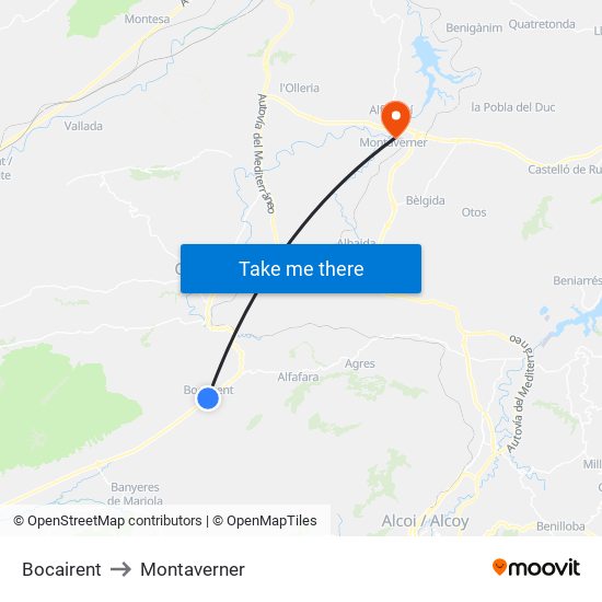 Bocairent to Montaverner map