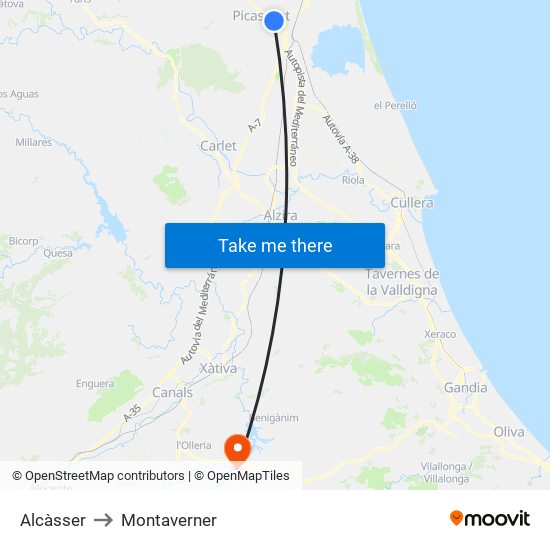 Alcàsser to Montaverner map