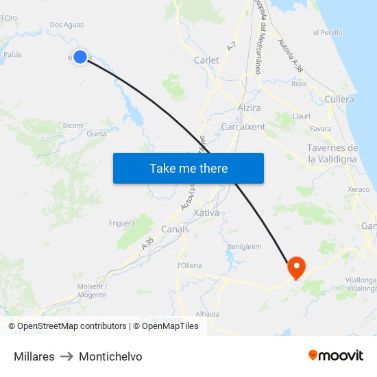 Millares to Montichelvo map