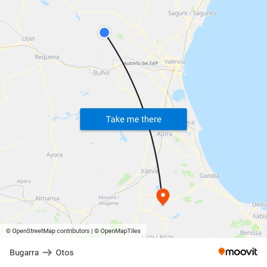 Bugarra to Otos map