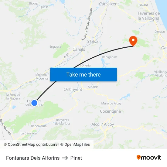Fontanars Dels Alforins to Pinet map