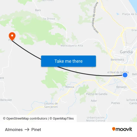 Almoines to Pinet map