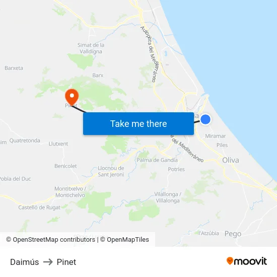 Daimús to Pinet map