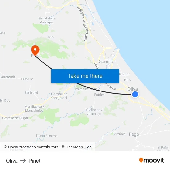 Oliva to Pinet map