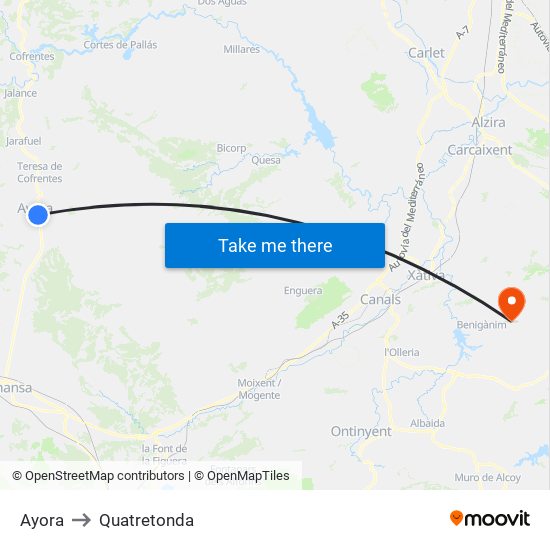 Ayora to Quatretonda map