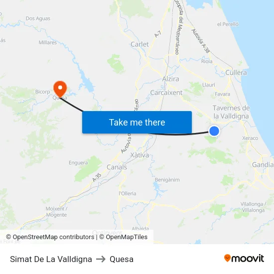 Simat De La Valldigna to Quesa map