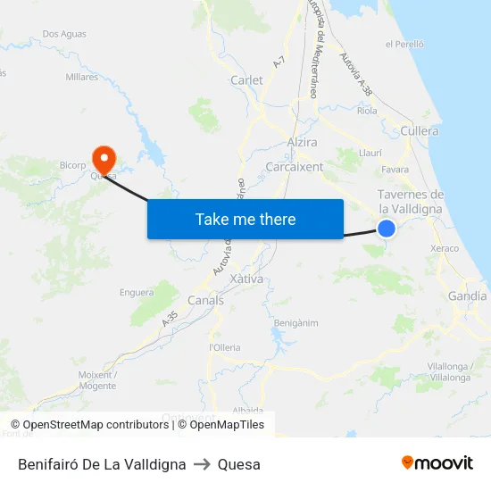 Benifairó De La Valldigna to Quesa map