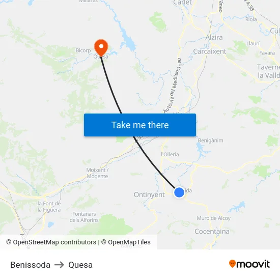 Benissoda to Quesa map