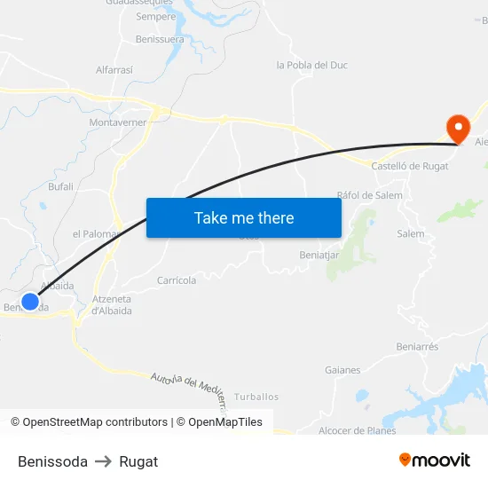 Benissoda to Rugat map