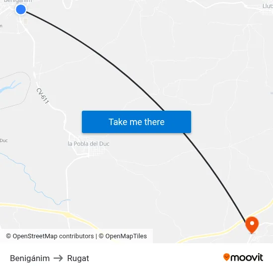 Benigánim to Rugat map