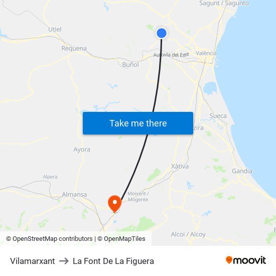 Vilamarxant to La Font De La Figuera map