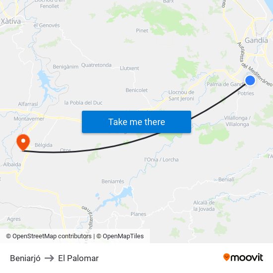 Beniarjó to El Palomar map