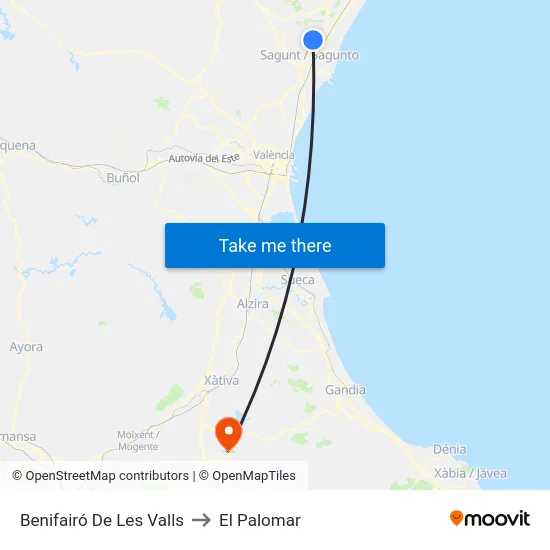 Benifairó De Les Valls to El Palomar map