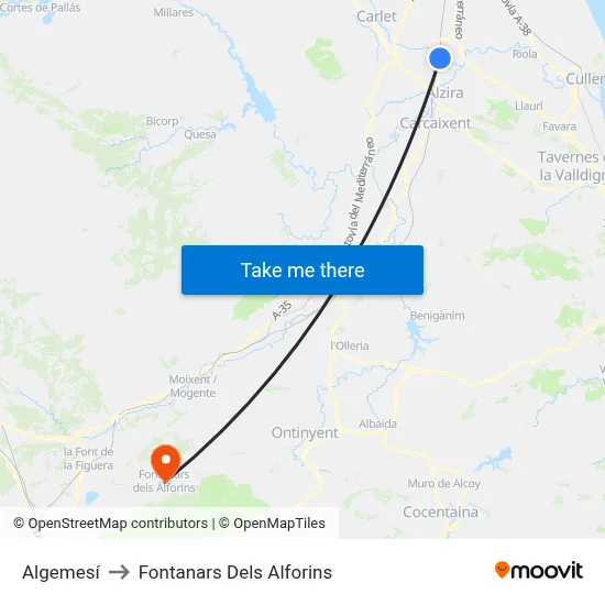 Algemesí to Fontanars Dels Alforins map