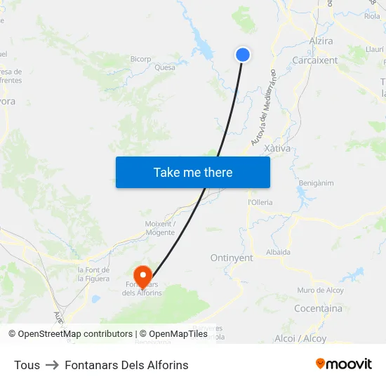 Tous to Fontanars Dels Alforins map