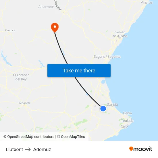 Llutxent to Ademuz map