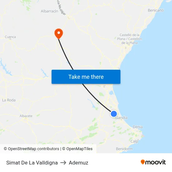 Simat De La Valldigna to Ademuz map