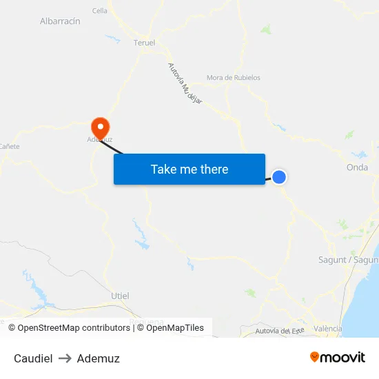 Caudiel to Ademuz map
