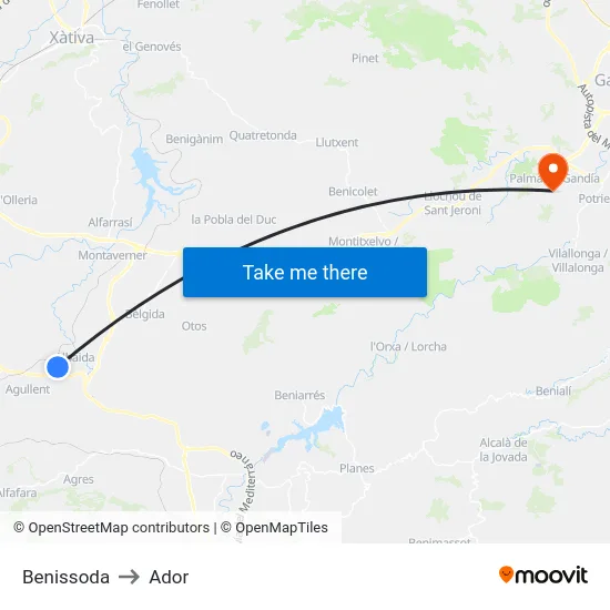 Benissoda to Ador map
