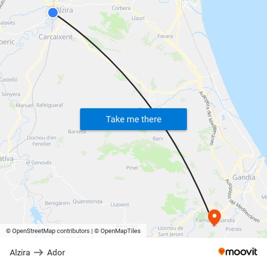 Alzira to Ador map