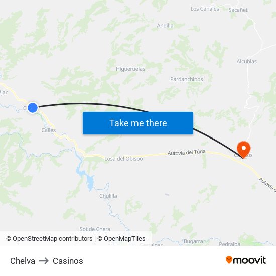 Chelva to Casinos map