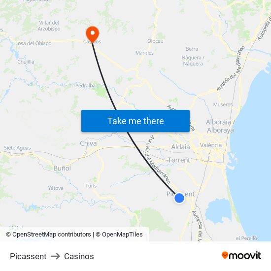 Picassent to Casinos map