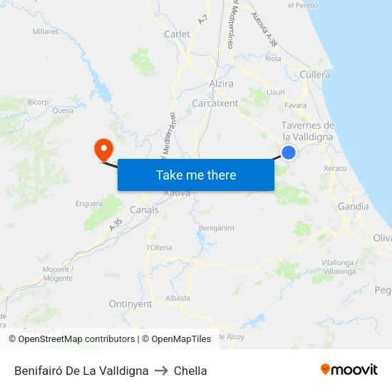 Benifairó De La Valldigna to Chella map